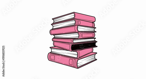 A stack of seven pink books, one with a black cover, on a white background