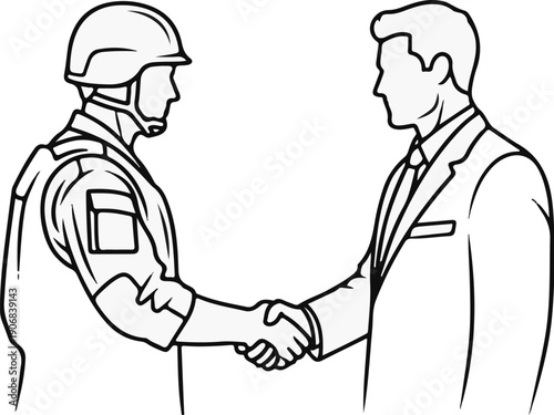A soldier in uniform and a businessman shake hands, symbolizing cooperation