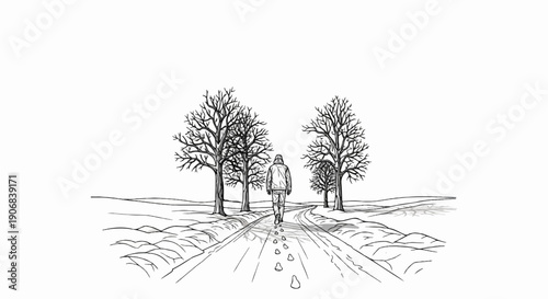 A solitary figure walks down a snowy path lined with bare trees