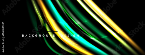 Abstract lines create dynamic, colorful flow. Bright gradients suggest movement, energy, modern design elements. Dark background enhances visual impact.