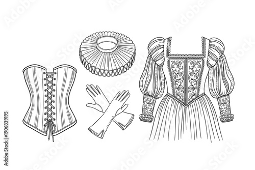 Historical Elizabethan era women's clothing accessories and gown, including a corset, ruff, gloves, and an ornate dress, presented as detailed line art.