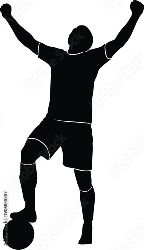 Soccer player silhouette celebrating victory, triumphant pose with raised arms, foot on ball, sports achievement vector illustration, athletic celebration design artwork