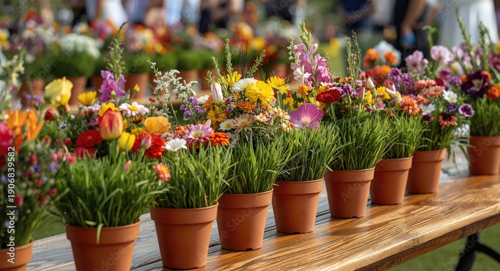 Naklejka premium Floral and grassy flowerpots decorating a table for a lively outdoor celebration