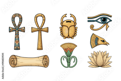 Ancient Egyptian symbols, ankh, scarab, Eye of Horus, lotus, and papyrus scroll are depicted in a colorful cartoon style, representing ancient culture and historical themes.