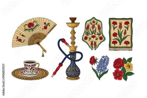 Traditional Middle Eastern cultural objects and floral motifs are beautifully illustrated in a vibrant collection, showcasing rich heritage and intricate artistry.