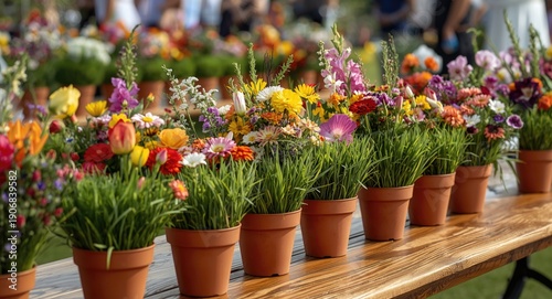 Wallpaper Mural Floral and grassy flowerpots decorating a table for a lively outdoor celebration Torontodigital.ca