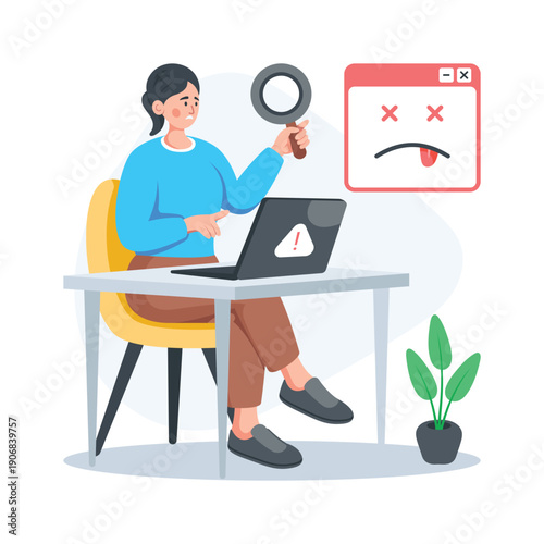 A sleek flat illustration of website error monitoring and troubleshooting process