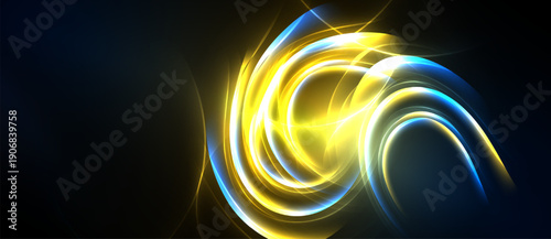 Bright yellow, blue energy swirls against dark background. Abstract light design creates dynamic visual impact.