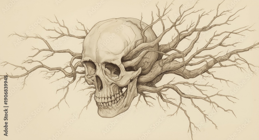 Obraz premium Hand drawn sketch capturing a skull entwined with complex tree roots and slender branches in a unique design