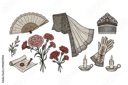 Vintage accessories and romantic elements create a beautiful collection of historical items, evoking elegance and charm from a bygone era.