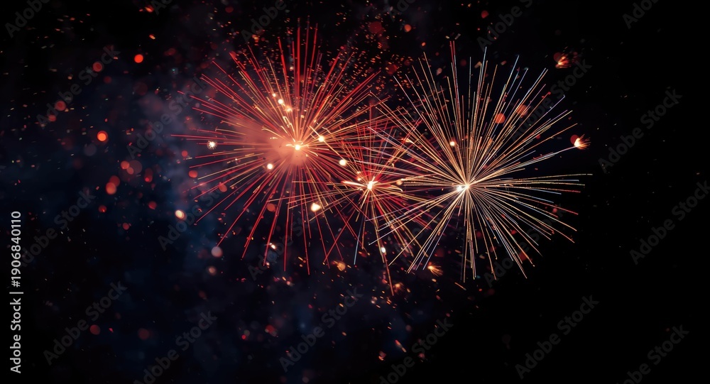 Fototapeta premium Abstract firework bursts glowing vibrantly on dark backdrop designed for festive event flyers