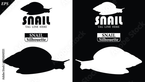 snail silhouette isolated on white background with logo text space, featuring a clean black shape symbolizing nature, patience, simplicity. Ideal for logos, snails vector silhouette icon, snail logo