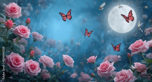 Fairy tale enchanted garden featuring blooming pink roses and butterflies flying in the glow of moonlight on a soft blue background