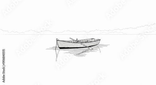 A solitary rowboat rests peacefully on calm waters under a distant, hazy horizon