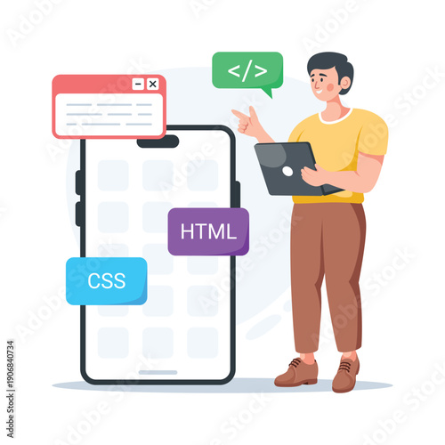 Modern flat illustration of html css web structure and layout development