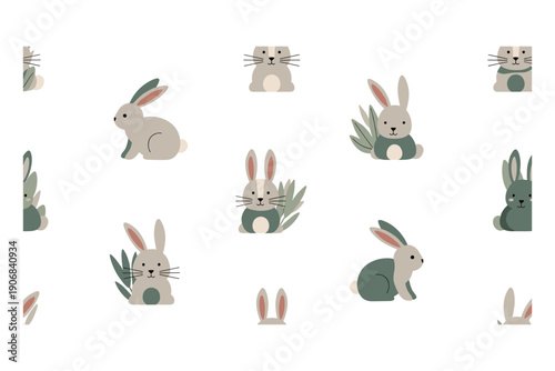 Cute rabbits and other woodland animals create a charming seamless pattern with a gentle, minimalist design, perfect for children's textiles or spring-themed decor.