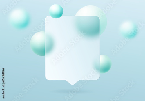 Light glassmorphism message card with mint floating spheres on pastel blue background