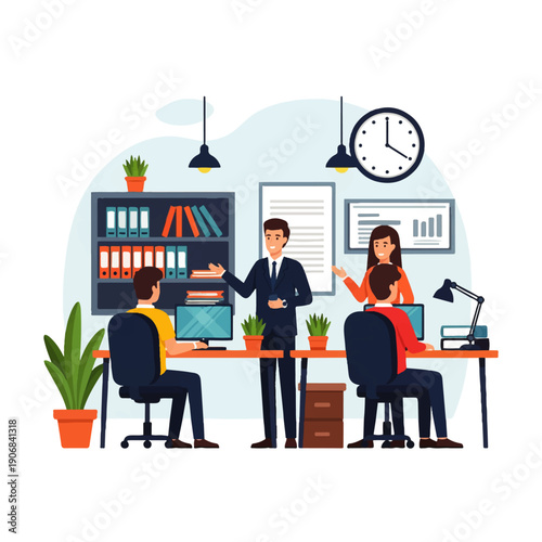 A simple cartoon illustration showing people working on laptops in different places like a home, a café, and an office environment