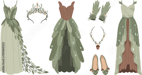 Fantasy dresses and accessories collection featuring nature-inspired gowns, gloves, crown, necklace, and shoes for whimsical forest fairy attire.