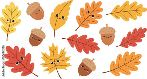 Cute autumn leaves and acorns with happy smiling faces are playfully arranged in a cheerful seasonal pattern, ideal for fall-themed projects.