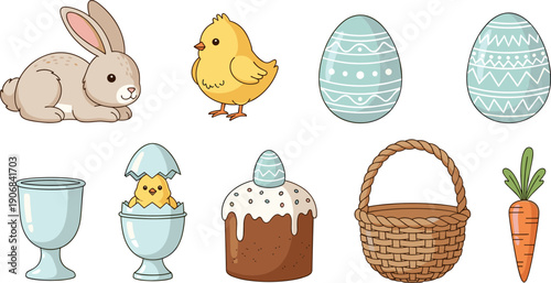Cute Easter holiday elements collection for springtime celebration design, featuring a bunny, chick, decorated eggs, basket, and cake, perfect for festive illustrations.