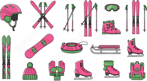 Winter sports equipment collection featuring various cold weather gear like skis, snowboards, ice skates, helmets, and sleds, all in a vibrant pink and green cartoon style.