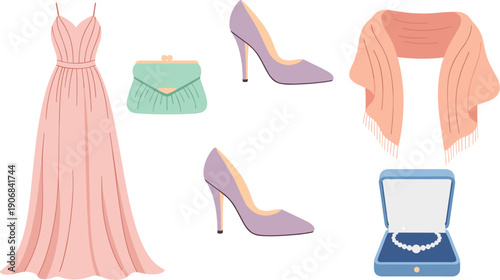 Elegant women's formal wear accessories including a pink dress, clutch bag, high heels, shawl, and pearl necklace are beautifully arranged for a special occasion.