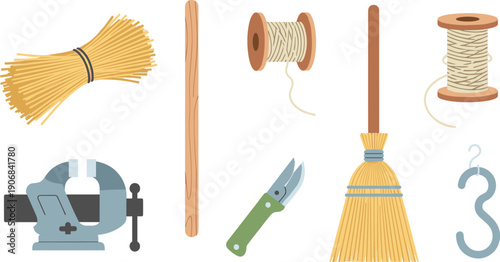Diverse collection of essential tools and craft supplies, including a broom, vise, shears, and spools of thread, are neatly organized.