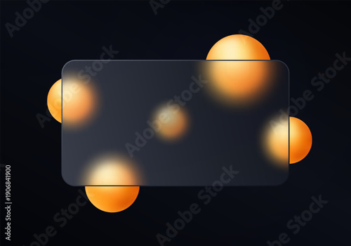 Dark glassmorphism panel with glowing orange spheres on black background