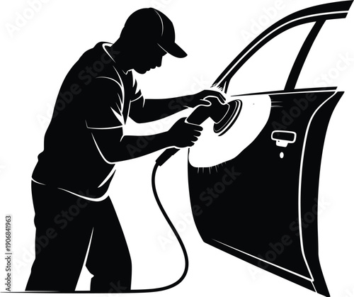 A mechanic carefully sanding or polishing the surface of a car door using a power tool.