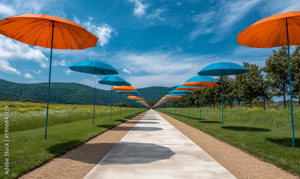 Obraz premium A serene pathway lined with colorful umbrellas on a sunny day outdoors