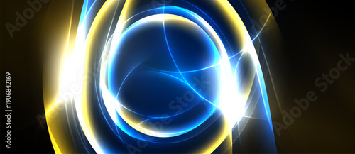 Bright abstract circles, glowing lines, yellow, blue, white. Dynamic energy radiates from central point. Modern digital art.