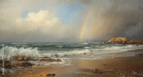 Imaginative oil seaside painting with a rainbow on the far horizon