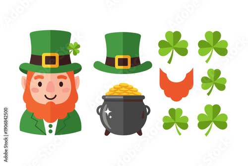 Leprechaun hat pot of gold and shamrocks collection of festive elements for St. Patrick's Day celebration, representing Irish culture and good luck.