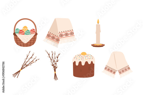 Traditional Easter celebration items set featuring decorated eggs in a basket, embroidered towels, pussy willow branches, a burning candle, and a festive cake.