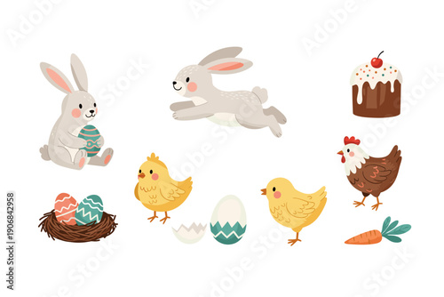 Adorable Easter bunnies, chicks, and hen surrounded by colorful eggs, a cozy nest, and a festive cake, perfect for spring celebrations.