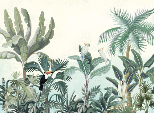 Tropical Garden Wallpaper for wallpaper, Palm Tree, Birds, Watercolor Background, Mughal Garden Illustration.