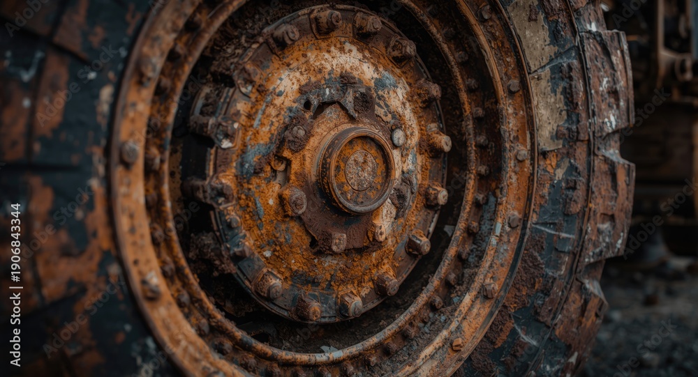 Fototapeta premium Detailed close up panorama of a rusted wheel from heavy construction equipment with copy space