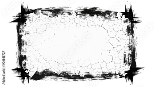 Grungy Black Brush Stroke Frame with Cracked White Texture Background