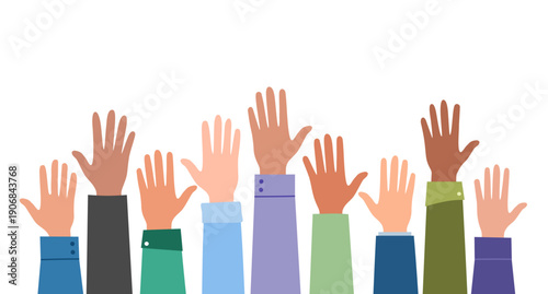 Businesspeople group raised arms and hands in flat design on white background.