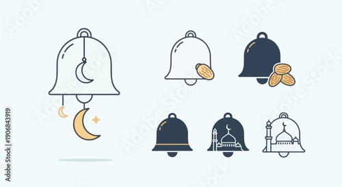 Beautiful Ramadhan Kareem notification bell icons, adorned with mosque architecture, crescent moons, and dates, ideal for cultural greeting cards and digital media