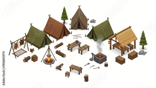 Isometric illustration of a primitive camp settlement with tents and tools