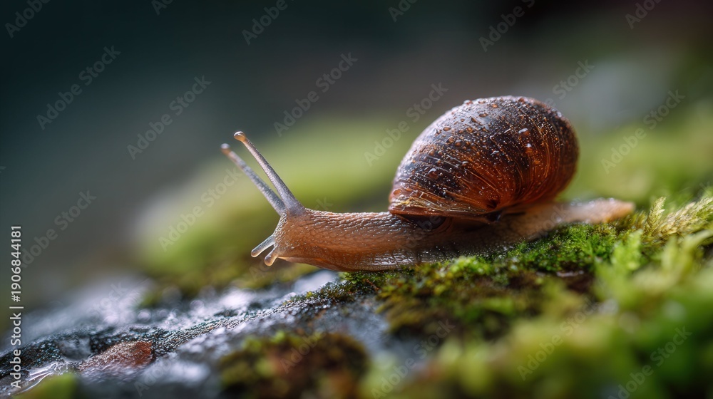 Obraz premium Macro close-up of a small land snail moving across mossy ground. Soft natural light highlights moist texture, delicate antennae, and slow life in a forest microhabitat