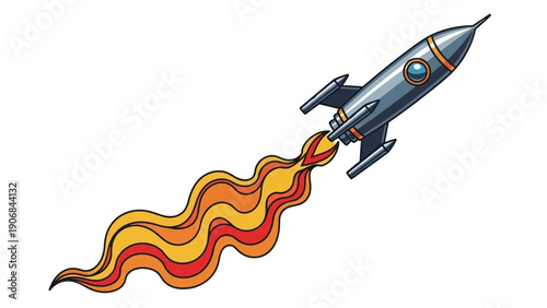 Cartoon rocket ship launching with fiery exhaust