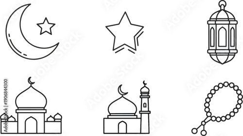 Ramadhan Kareem line art icon set featuring essential Islamic symbols mosques, crescent, star, lantern, and prayer beads for festive religious designs