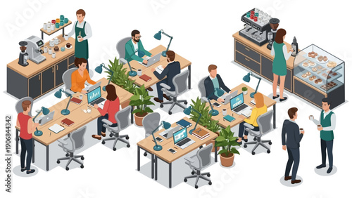 People working and enjoying coffee breaks in a modern office.