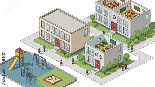 Isometric view of a school and playground with children
