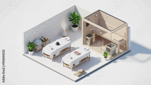 Isometric spa room with sauna and massage beds