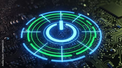 Digital power button symbol represents technology and innovation.
