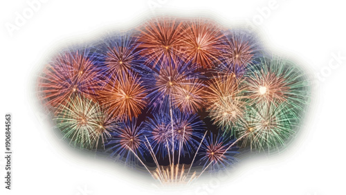 Colorful fireworks explode in a festive display against a white background.